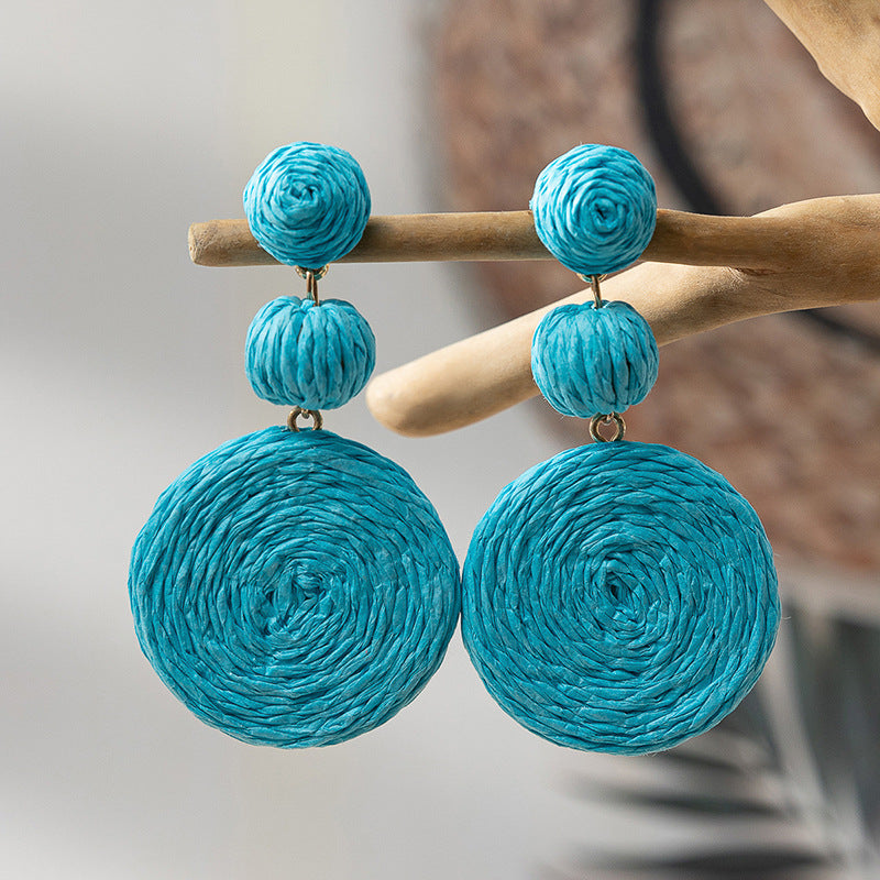 Wholesale Klein Blue Gourd Braided Raffia Hoop Earrings